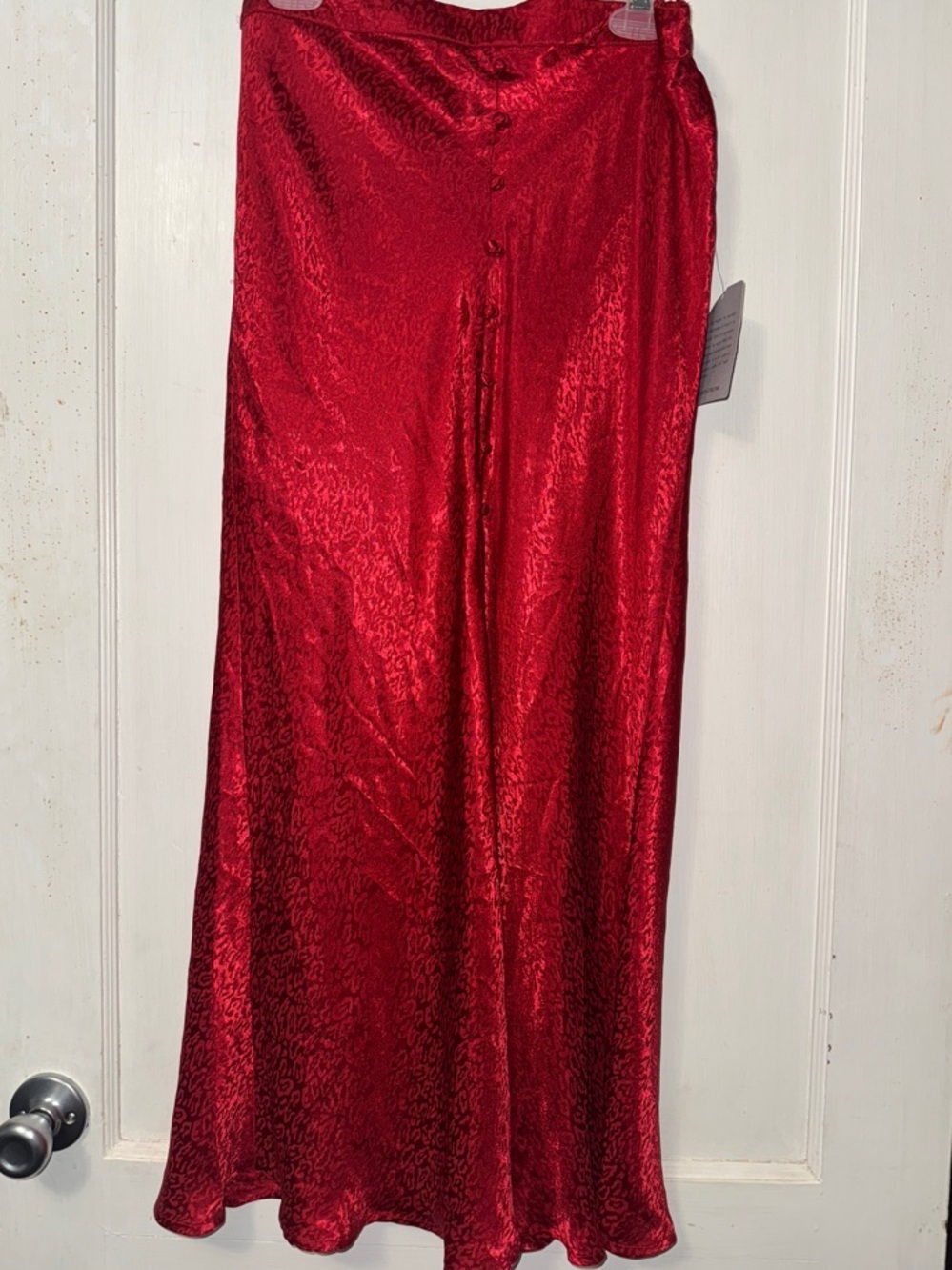 NSR Red Satin Maxi Skirt with Subtle Texture and front slit